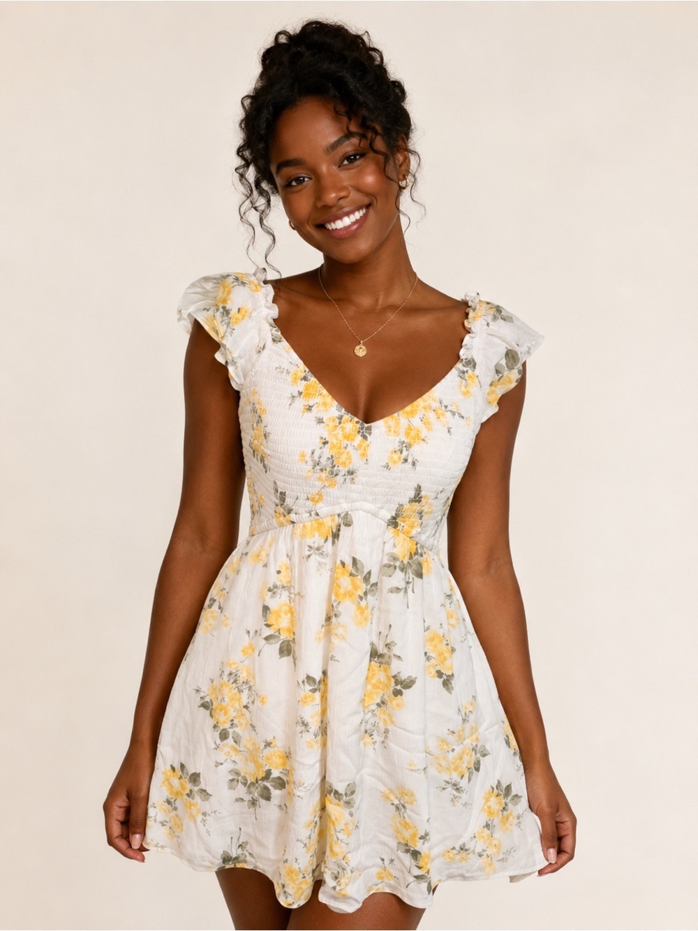 Hollister Yellow Floral Smocked Romper Dress Puff Sleeve Cottagecore Size M
